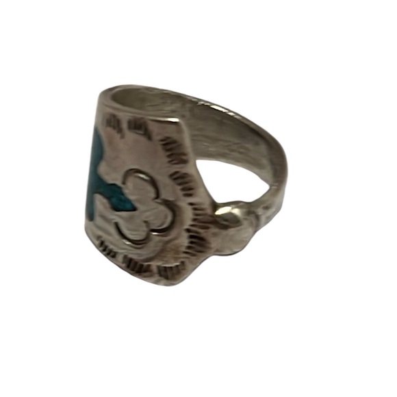Native American Water Bird Ring. Silver w/turquoise and coral inlay. Size 4 - Picture 3 of 3